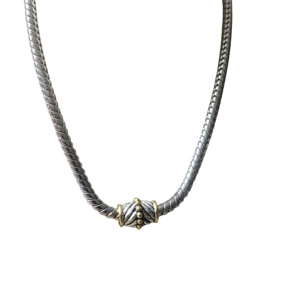 Necklace Silver Gold Tone Magnetic Clasp Braided Chain Textured Center Design - Picture 7 of 8